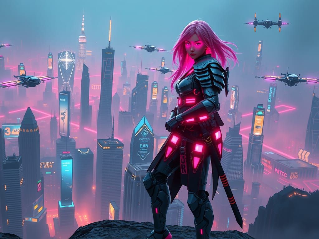Ethereal Android Samurai Overlooks Futuristic Cyberpunk Metr...