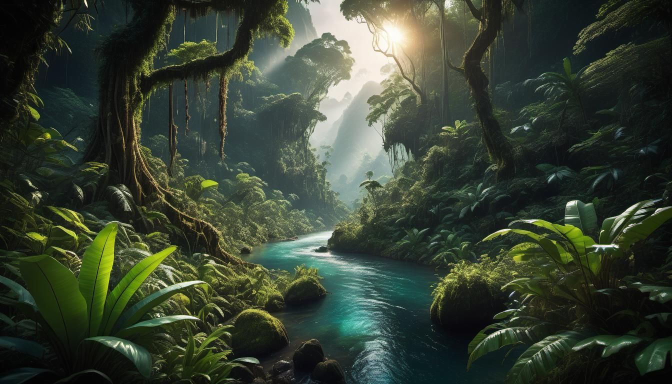 Lush Rainforest Vista with Bioluminescent Flora