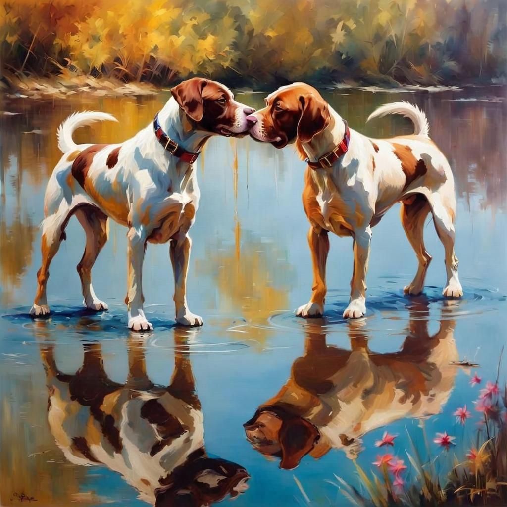 Hungarian Pointers' Lakeside Reflection as Oil Painting