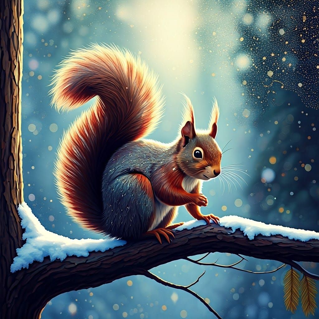 Red Squirrel Silhouette on Snowy Branch, Fantasy Art