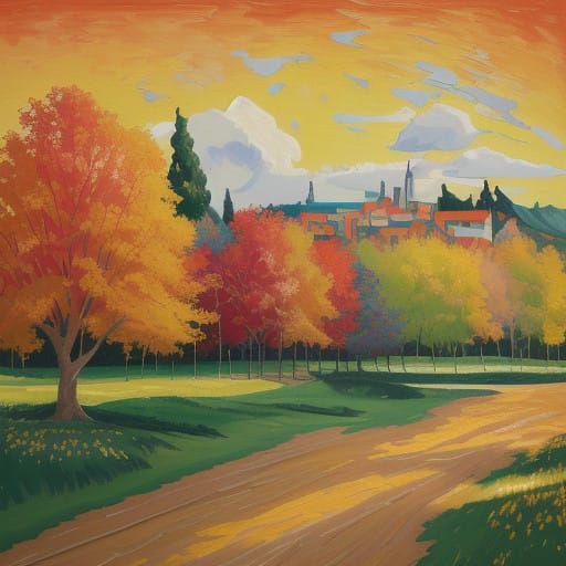 Autumnal Village in Vibrant Hues