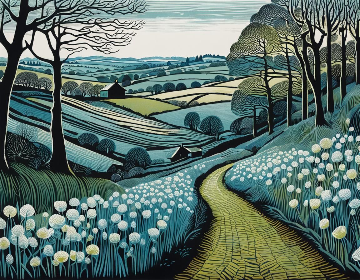 Early Spring Art Print in Handcoloured Linocut Style