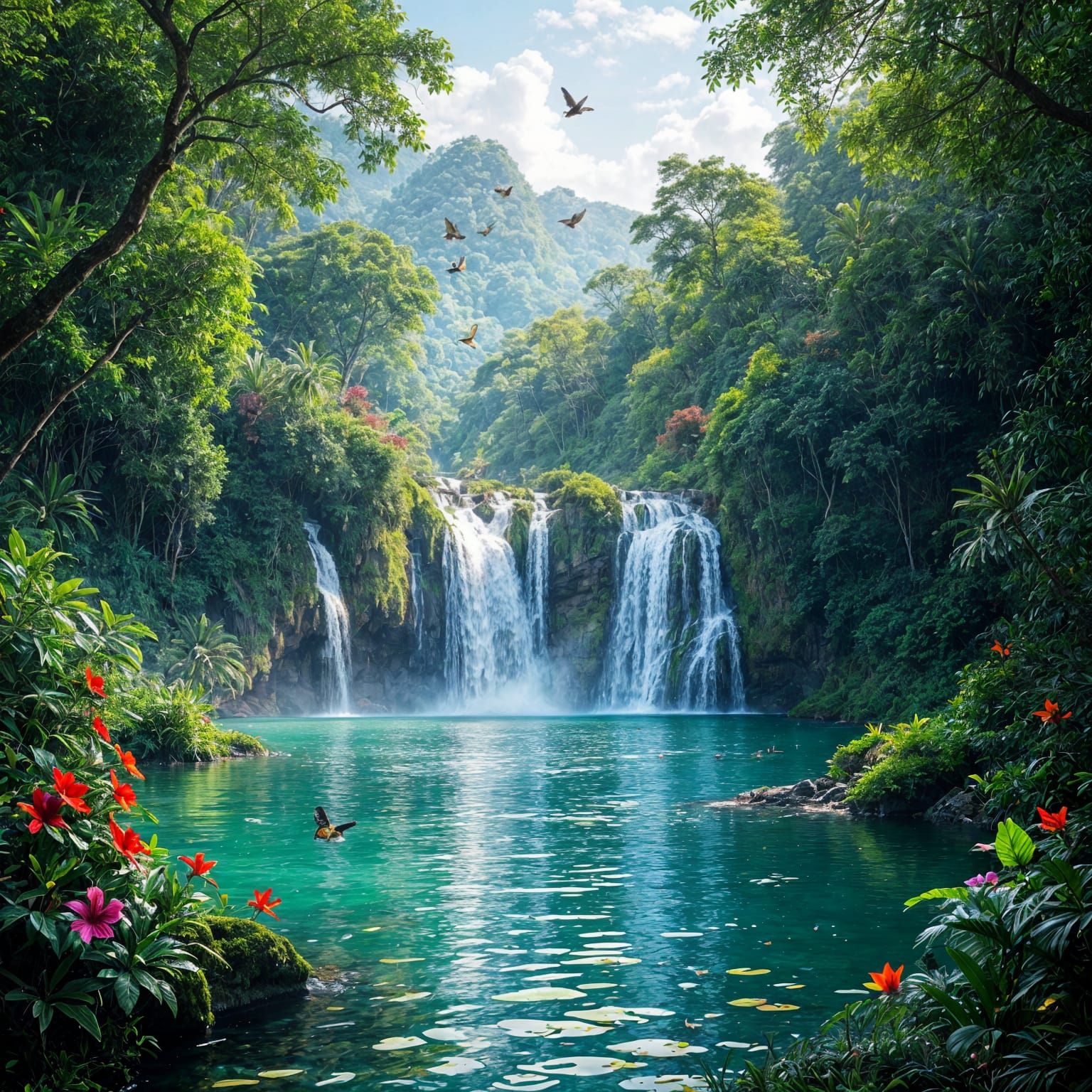 Breathtaking Tropical Waterfall with Colorful Wildlife