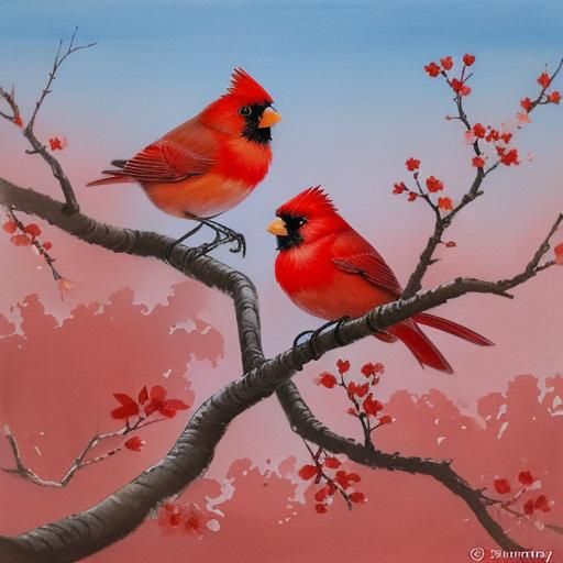 Red Cardinals on Blossoms in Chinese Ink Style
