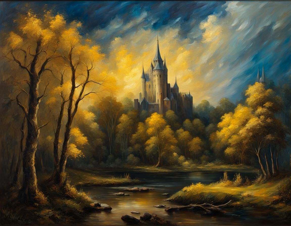 Medieval Castle Oil Painting in Romantic Style
