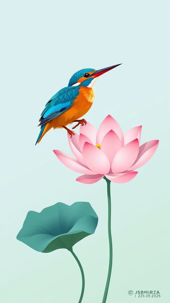 Kingfisher and Lotus Flower in Vector Style