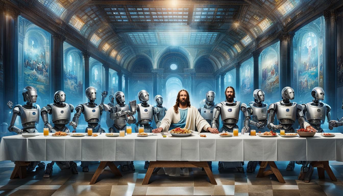 the last supper, AI robot disciples sit with Jesus at the table