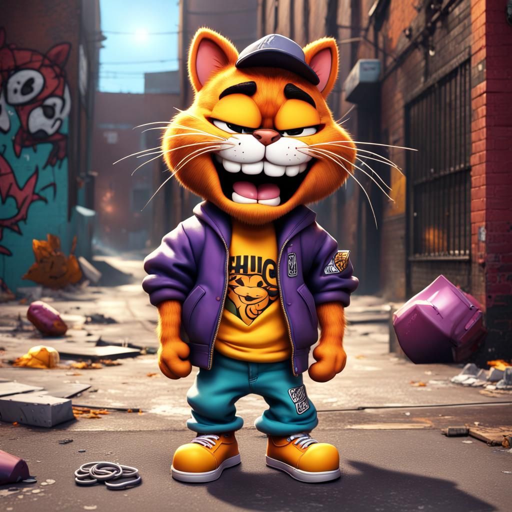 Garfield as Rapper in Alleyway Graffiti Art