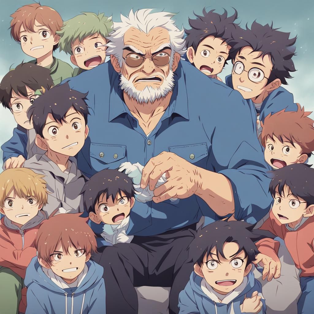Tired Monster Dad Overwhelmed by Anime Kids