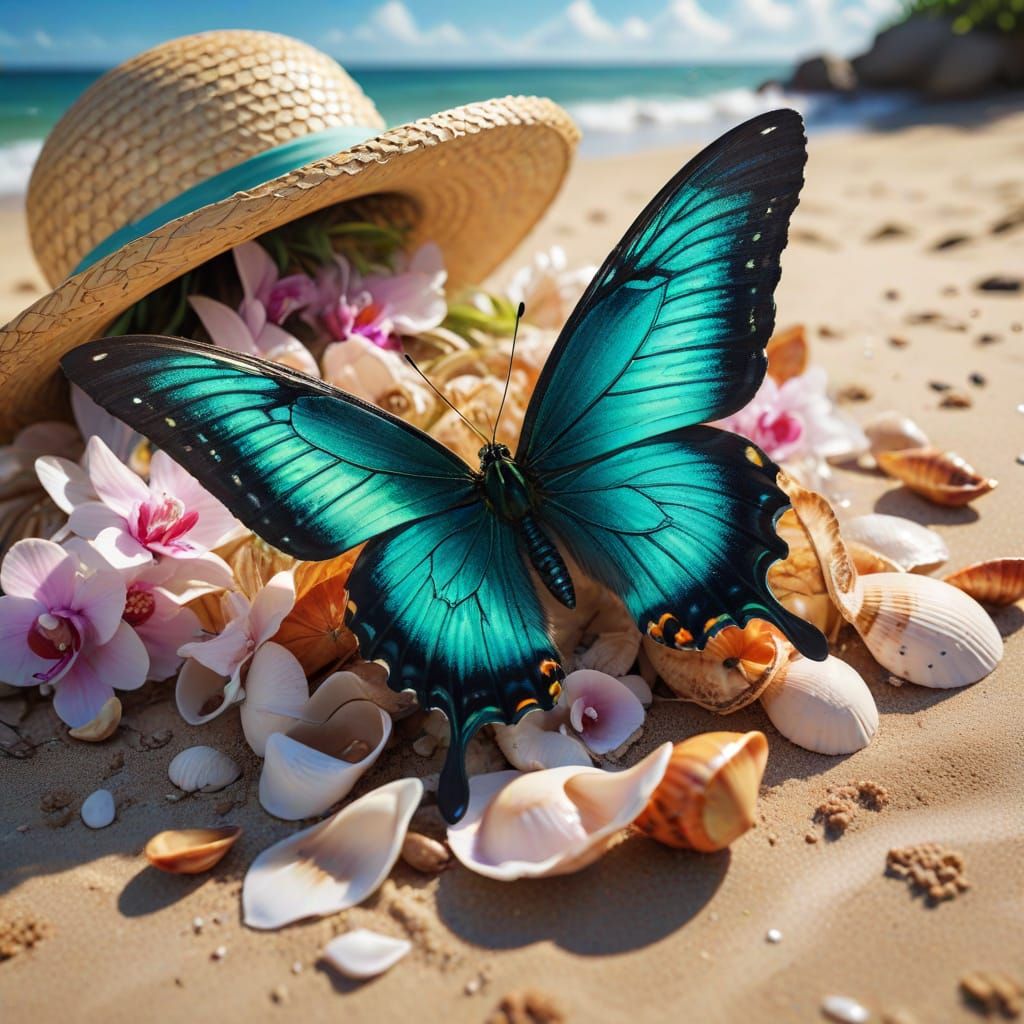 Emerald Swallowtail Butterfly with Bioluminescent Waves