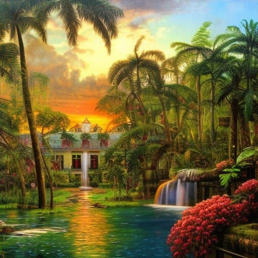 Steampunk Jungle Plantation House at Sunset