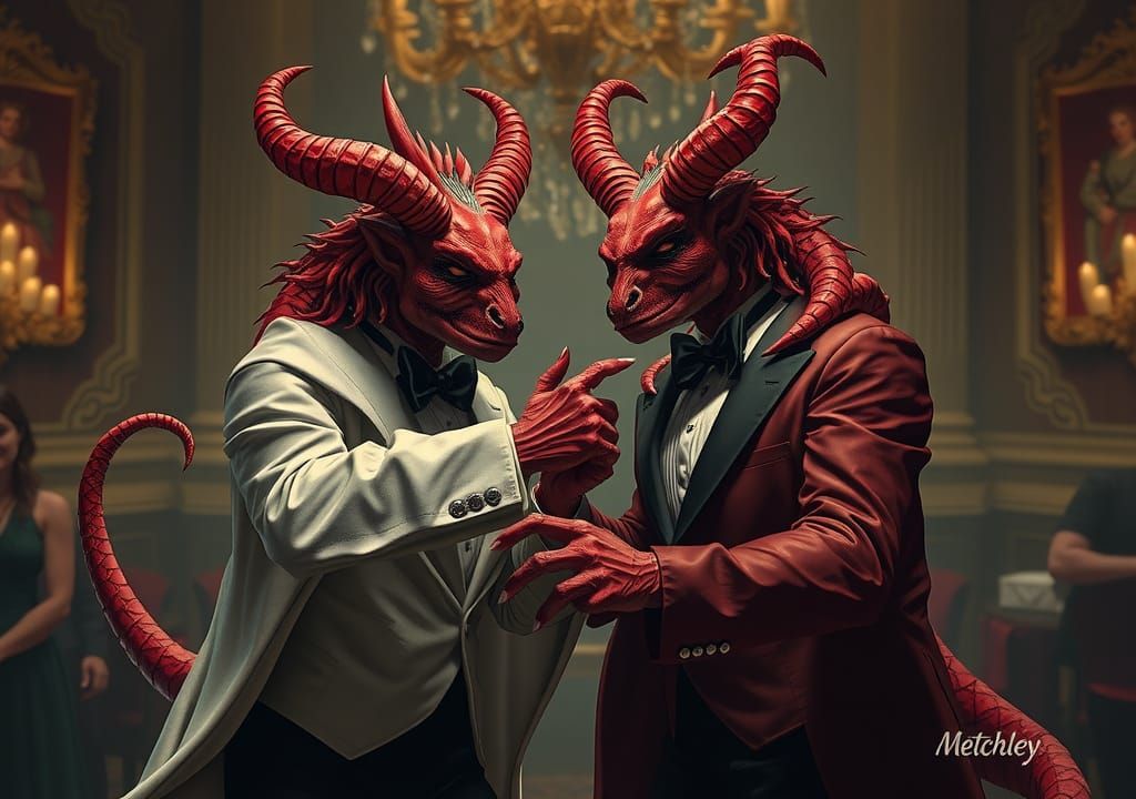 Red Horned Monsters Dancing in Ballroom, Fantasy Art