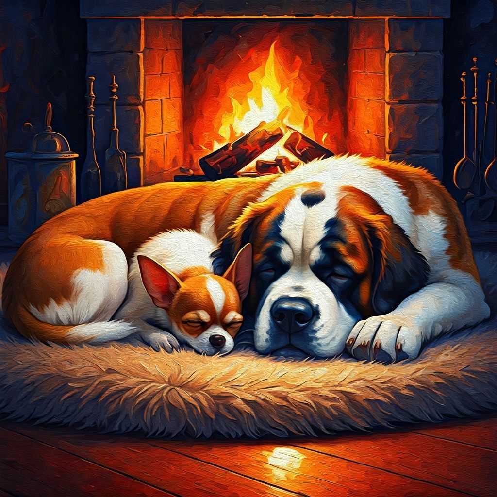 Chihuahua and St Bernard Sleeping by Fireplace
