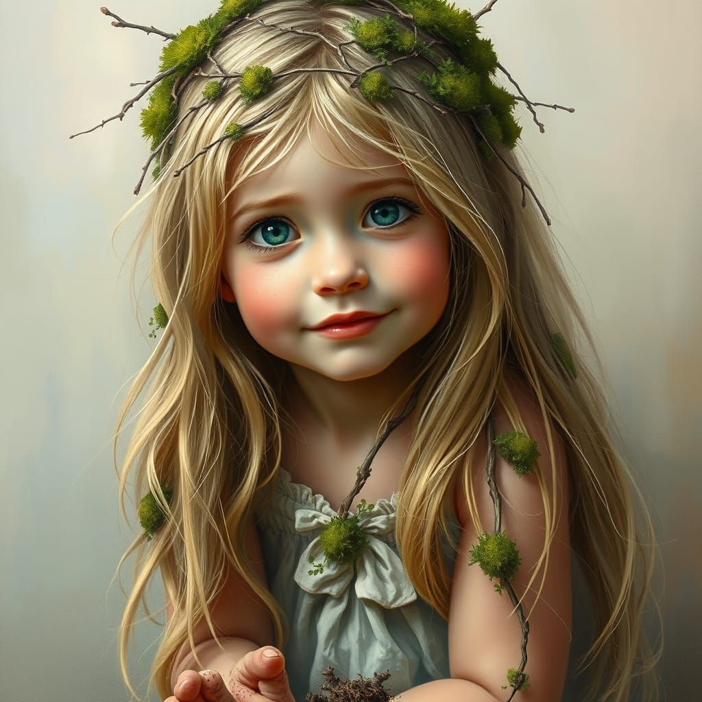 Moss-Covered Maiden in Whimsical Cottagecore Setting