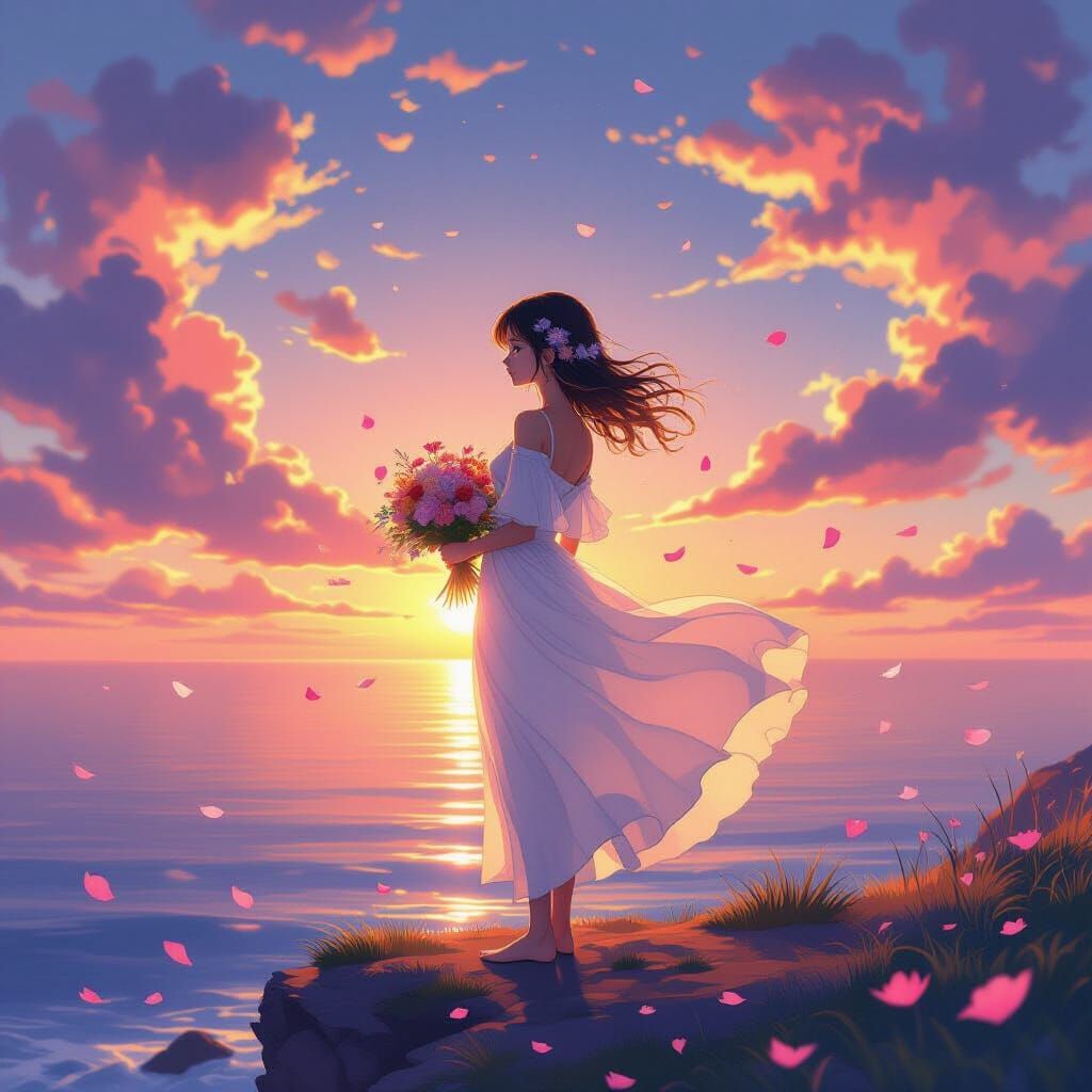 Anime Girl on Cliff at Golden Hour