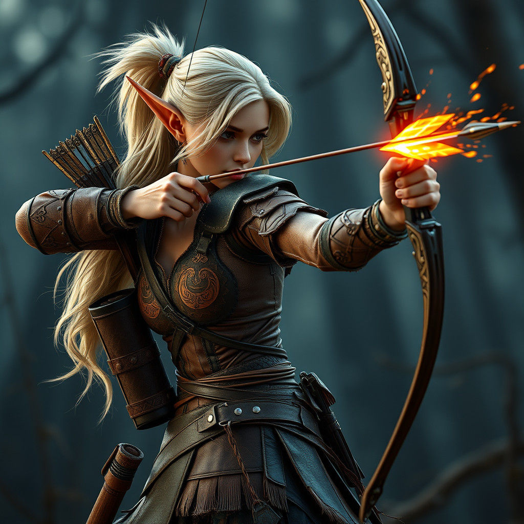 Elf Huntress Ready to Fire a Blazing Arrow