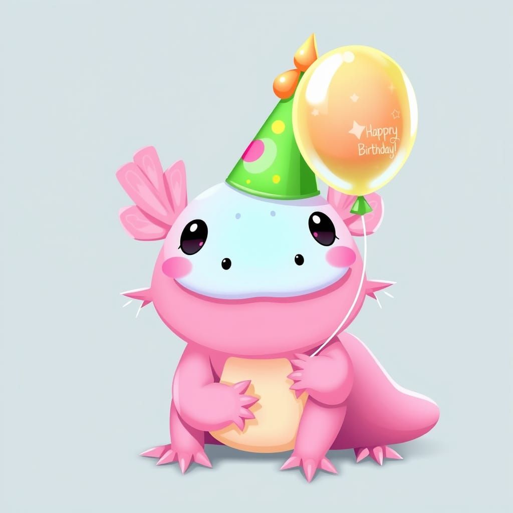 Pink Axolotl with Birthday Hat Cartoon