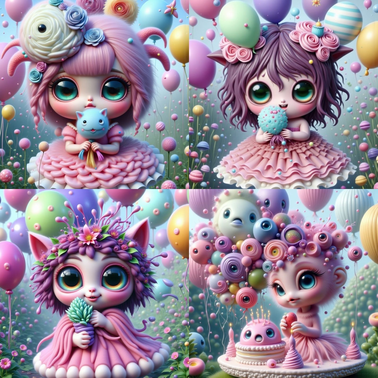 Cute Pink Monster with Balloons and Flowers