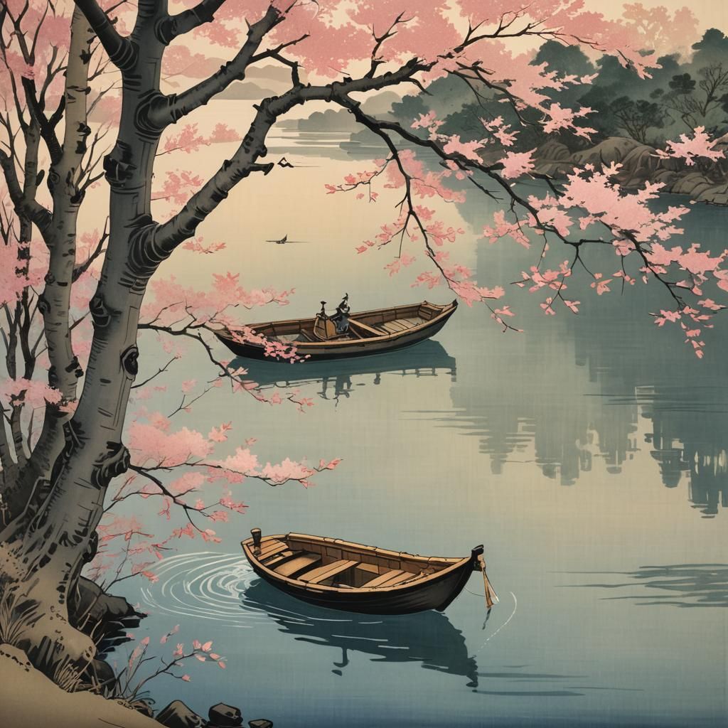 Serene River Scene in Ukiyo-e Style