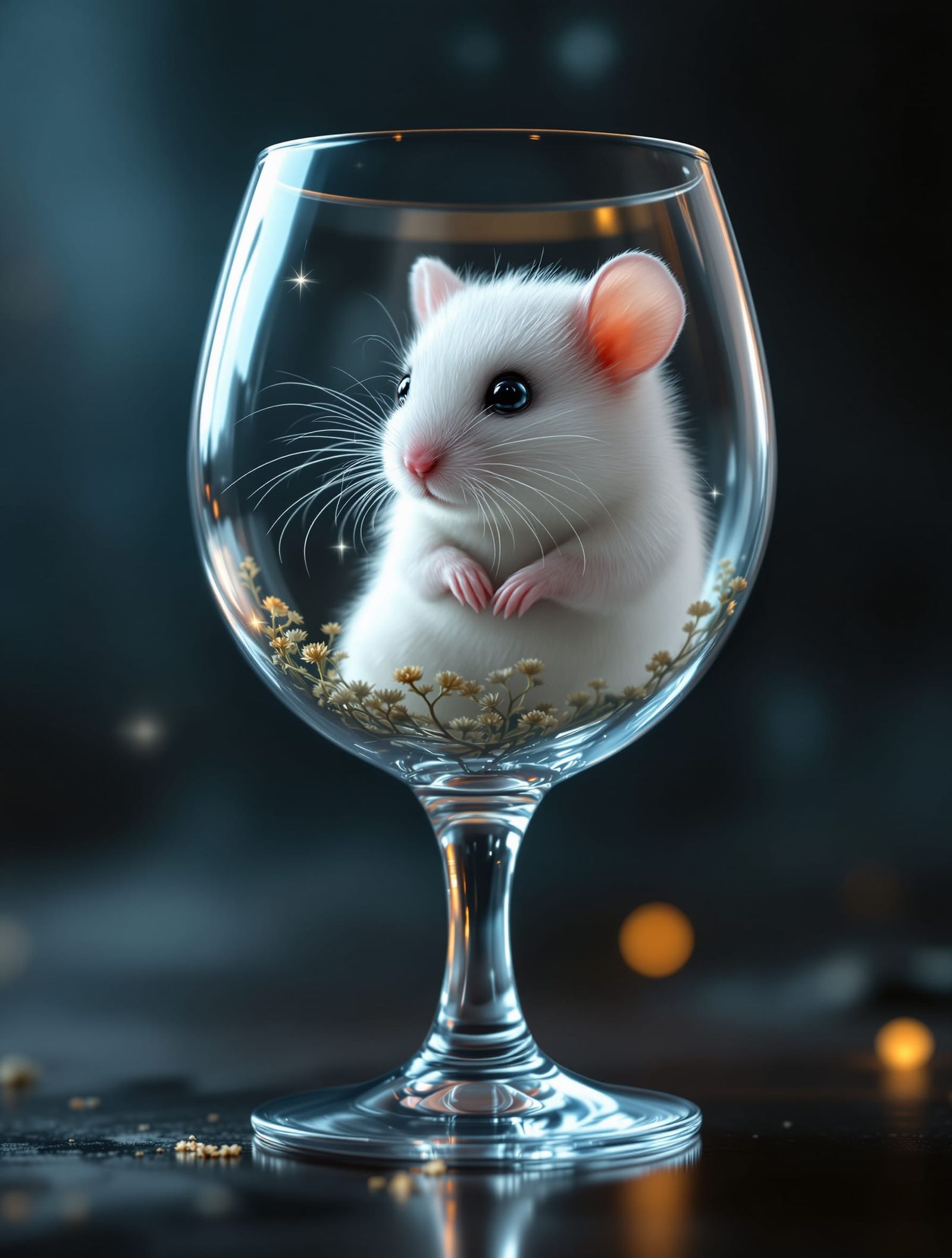Ultra-Realistic Hamster in Wine Glass, Soft Moods