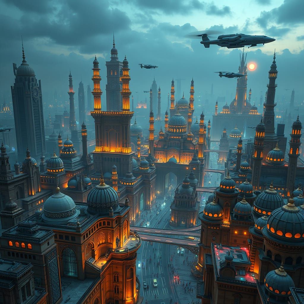 Futuristic Indian Metropolis with Ancient and Modern Archite...