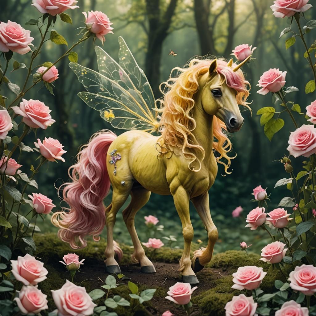 Yellow Pony with Fairy Wings and Roses