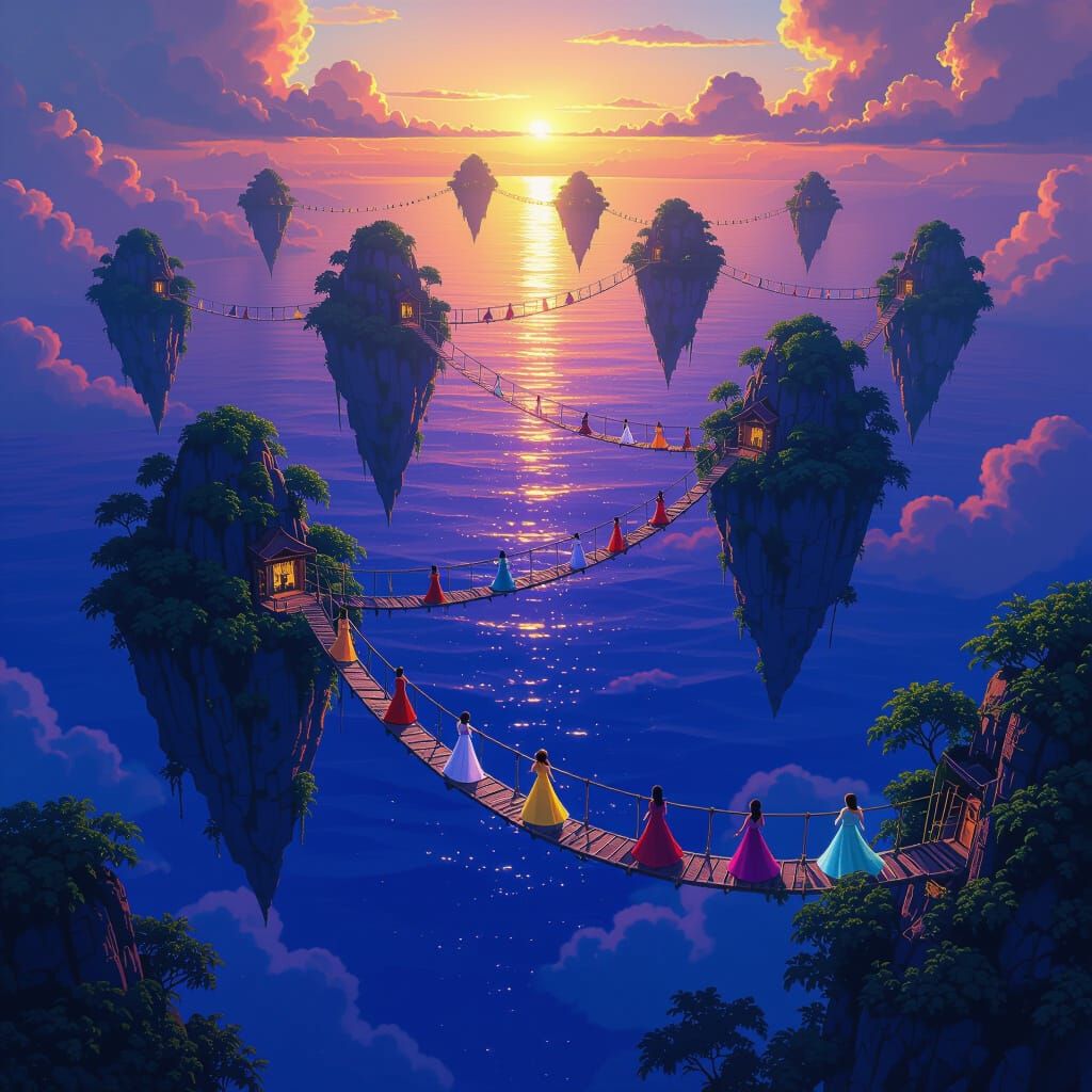 Floating Islands at Golden Hour in Fantasy Style