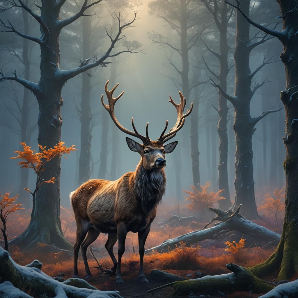 Reindeer with Antlers in Misty Forest: Digital Painting