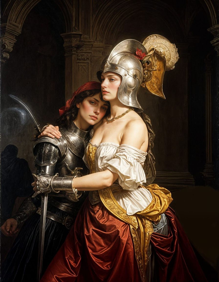 Renaissance-Inspired Oil Painting of Two Women in Silver Arm...