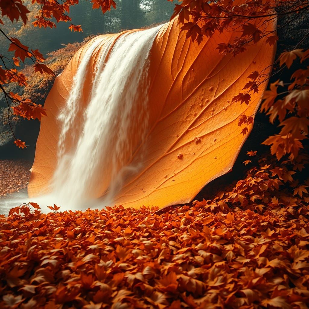 Gigantic Autumn Waterfall From Orange Leaf