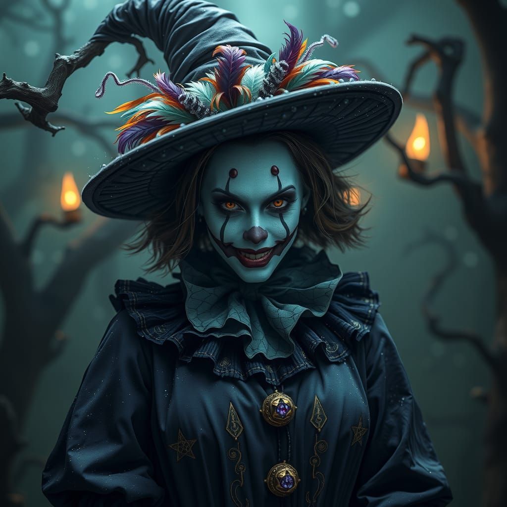 Eerie Clown Witch in Dark Fantasy Setting