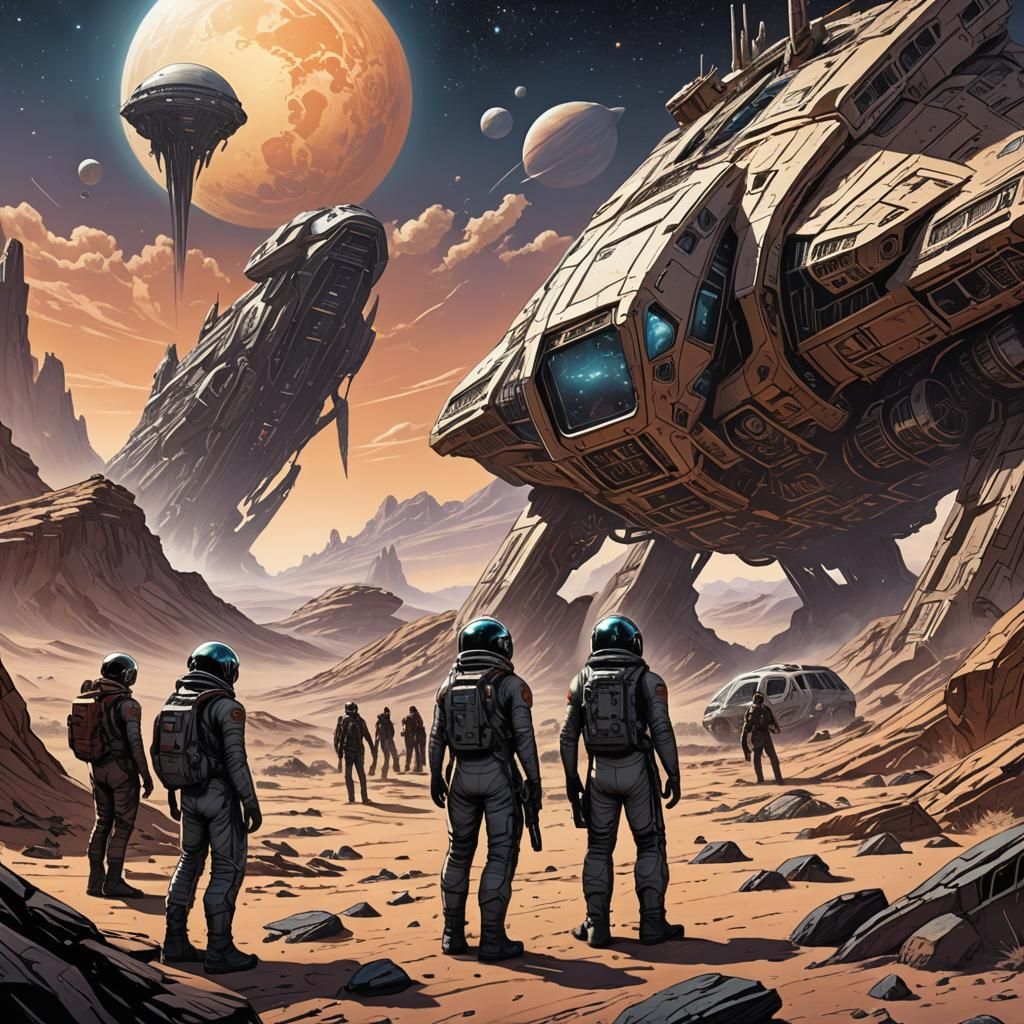 Space Travelers on an Alien Planet: Comic Book Art
