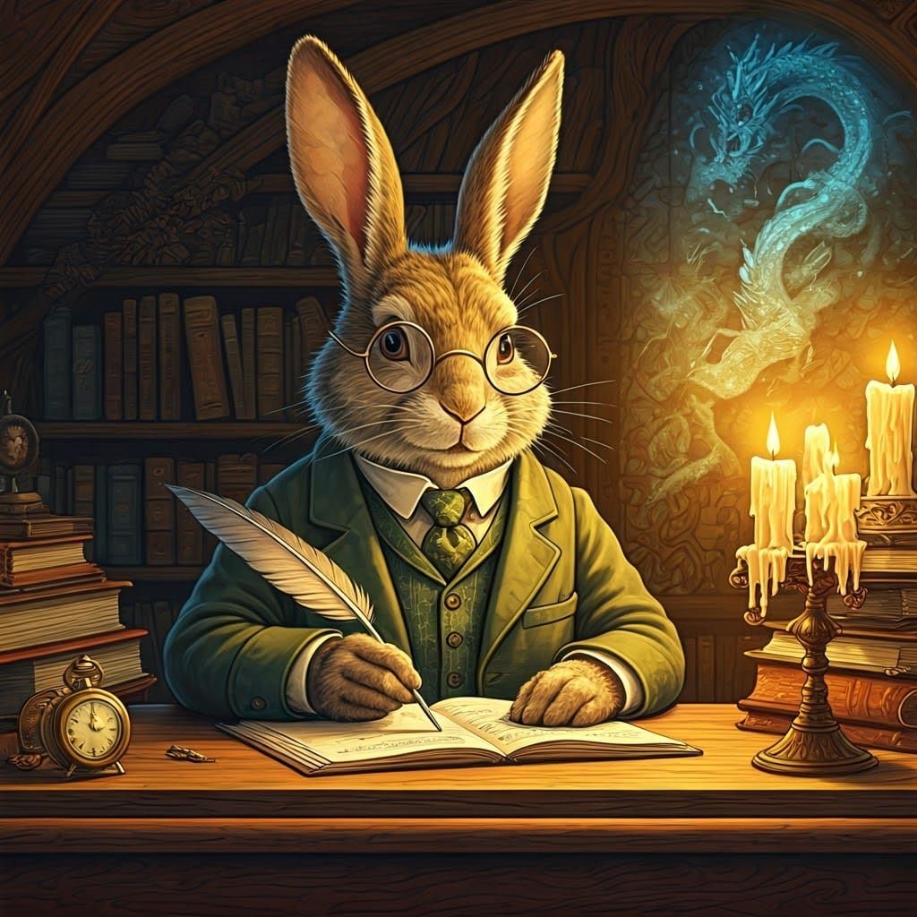 Rabbit as Tolkien in Cozy Den Illustration