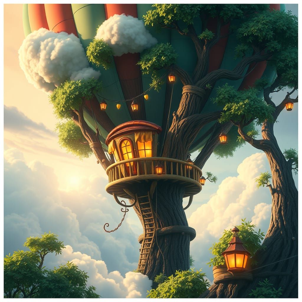 Enchanted Treehouse Afloat in Dreamy Balloon Oasis