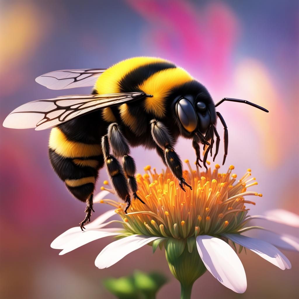 Hyperrealistic Bumblebee Pollinating Flowers in Splash Art