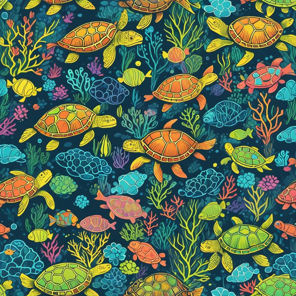 Neon Fish and Turtles in Calm Ocean