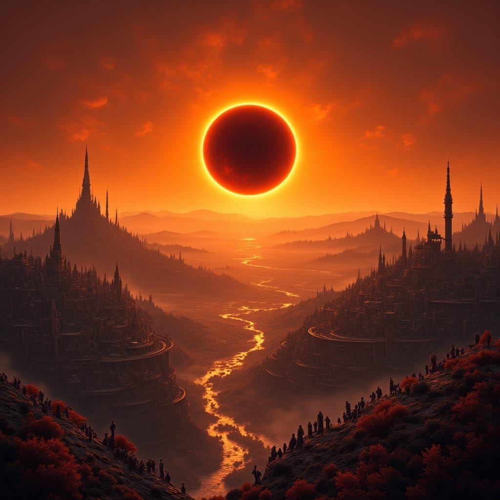 Steampunk City Landscape Under Solar Eclipse
