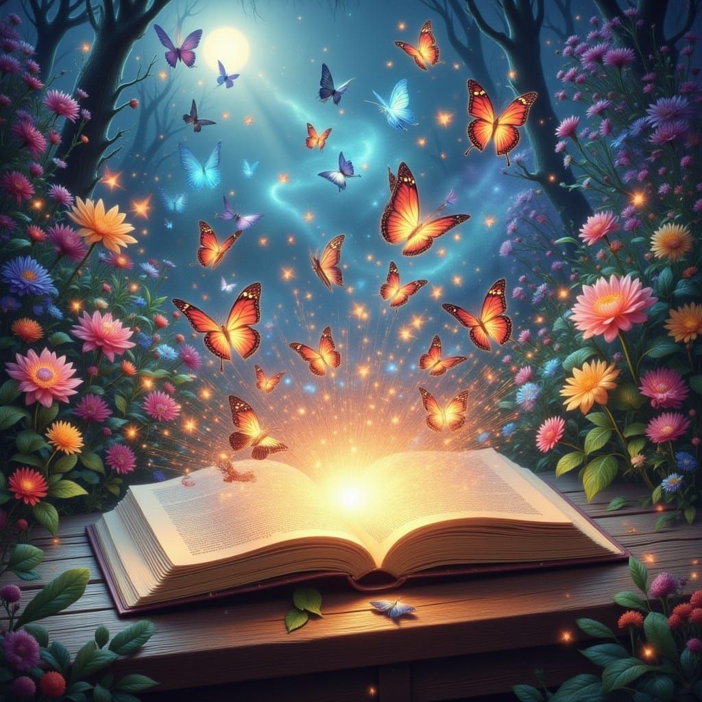 Open Book Releasing Butterflies in Vibrant Garden