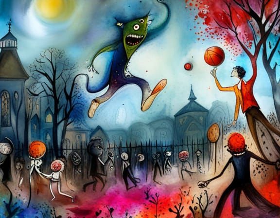 Joyful Monster Plays Basketball: Watercolor Art