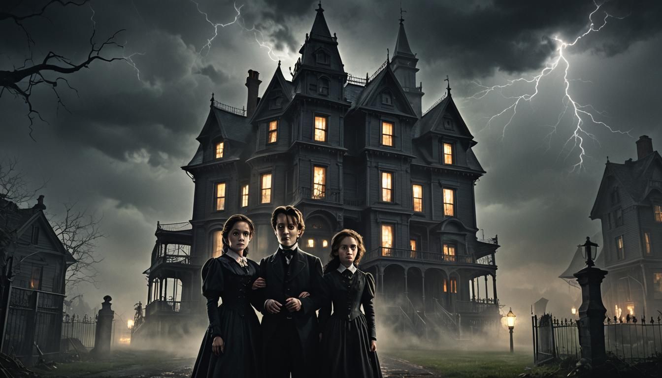 Eerie Victorian House Confrontation in Gothic Horror Style