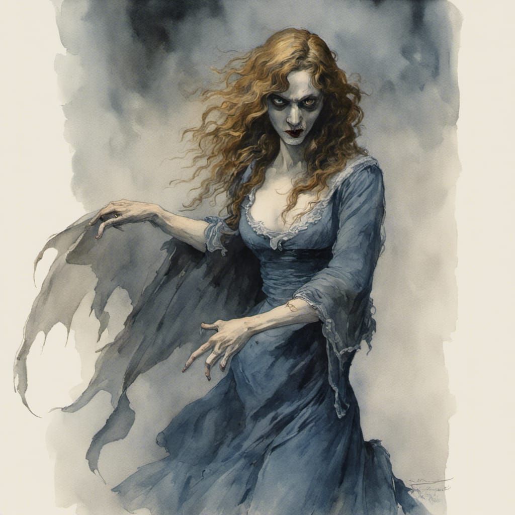 Vampire About to Lunge, Watercolor Horror Art