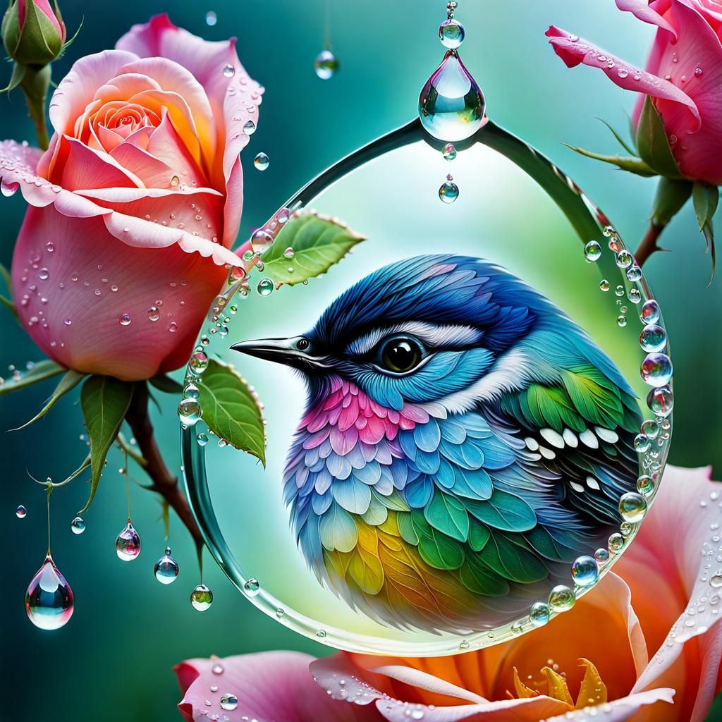 Dew Drop Bird Reflection in Airbrush Style