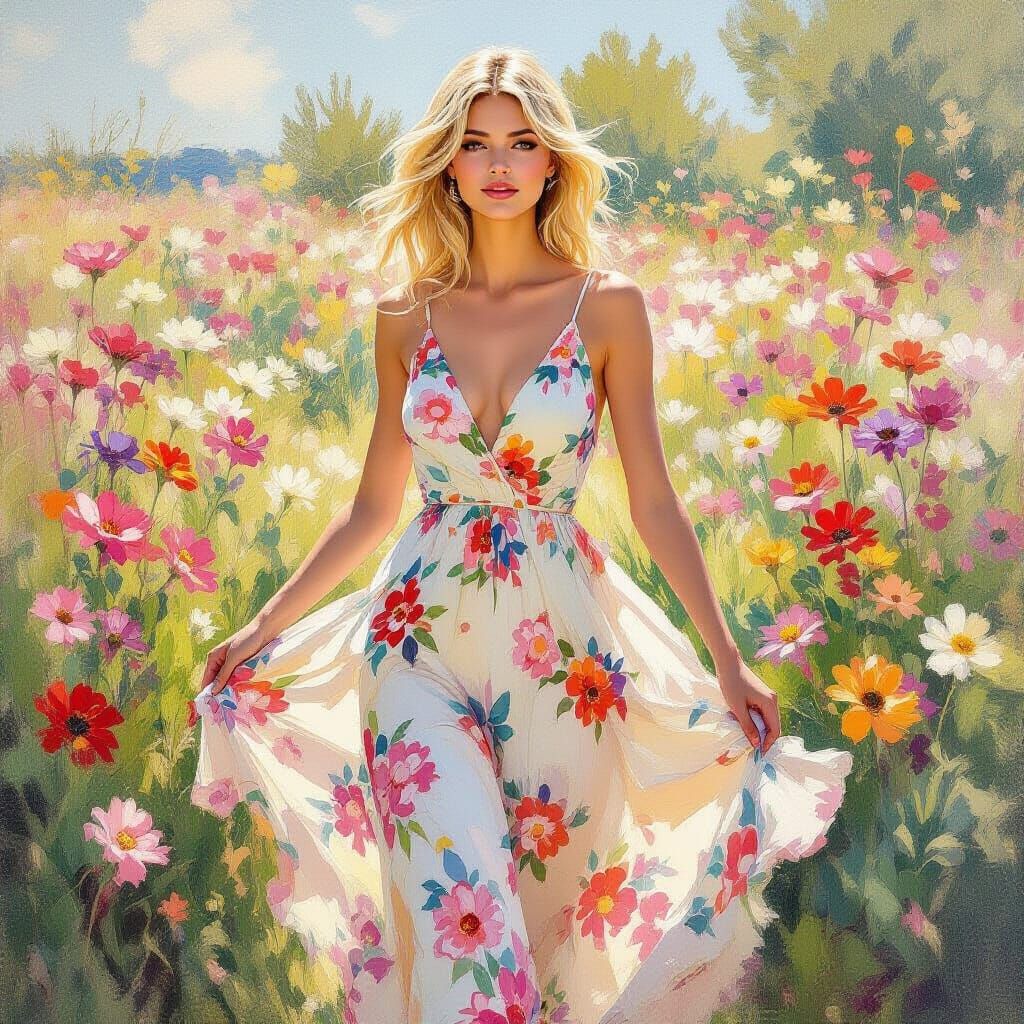 Blonde Woman in Floral Dress: Impressionist Flower Garden