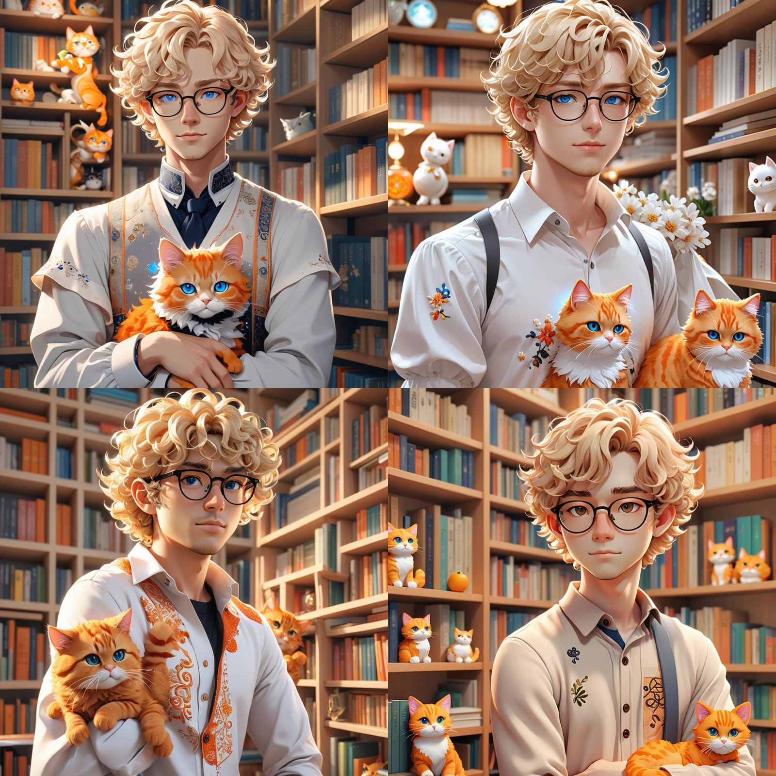 Blonde Man with Cat in Anime Style