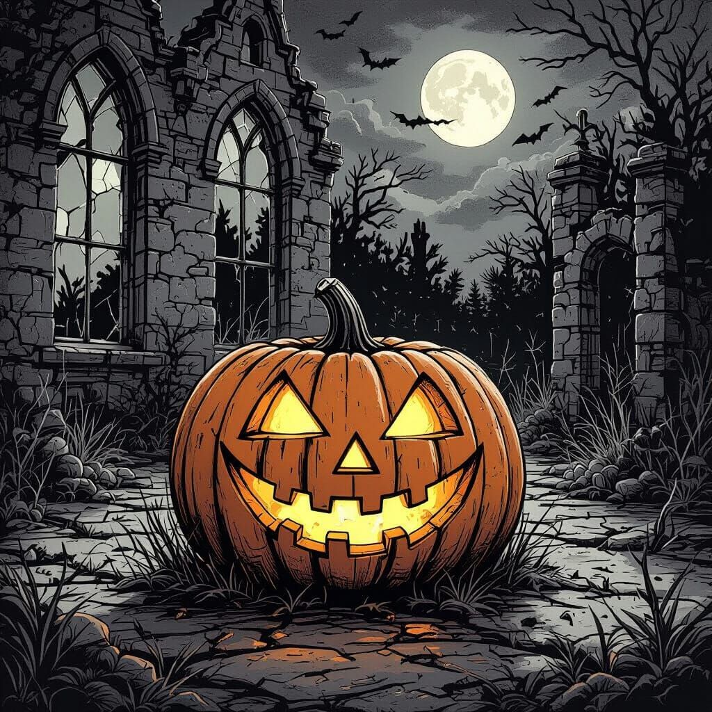 Decaying Jack-o'-Lantern in Ruined Manor