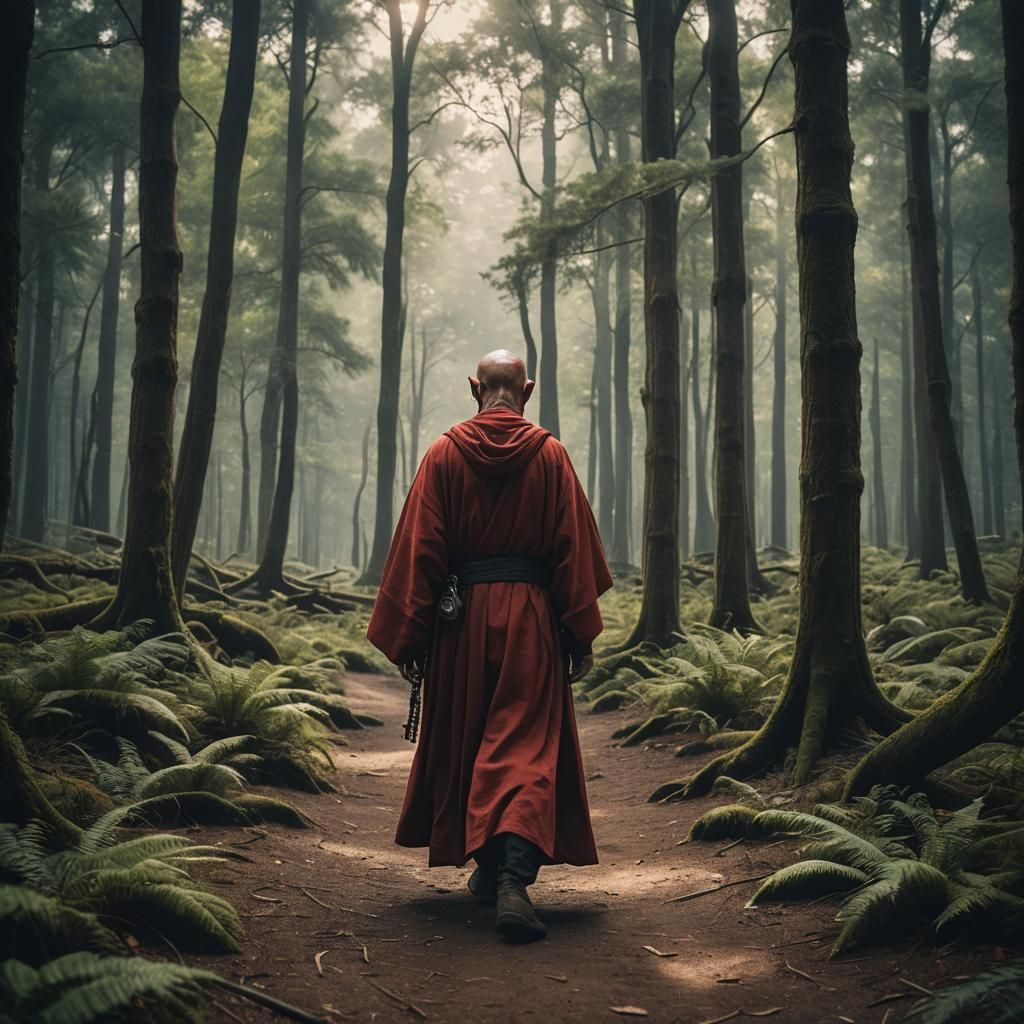 Red Alien Jedi Master Walks in Forest