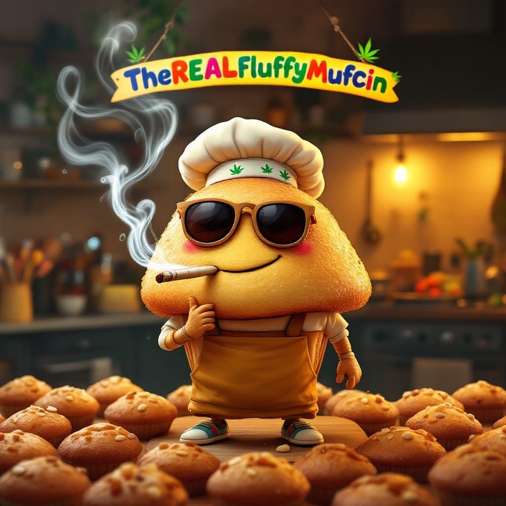 Anthropomorphic Muffin Smokes Weed in Whimsical Kitchen Scen...