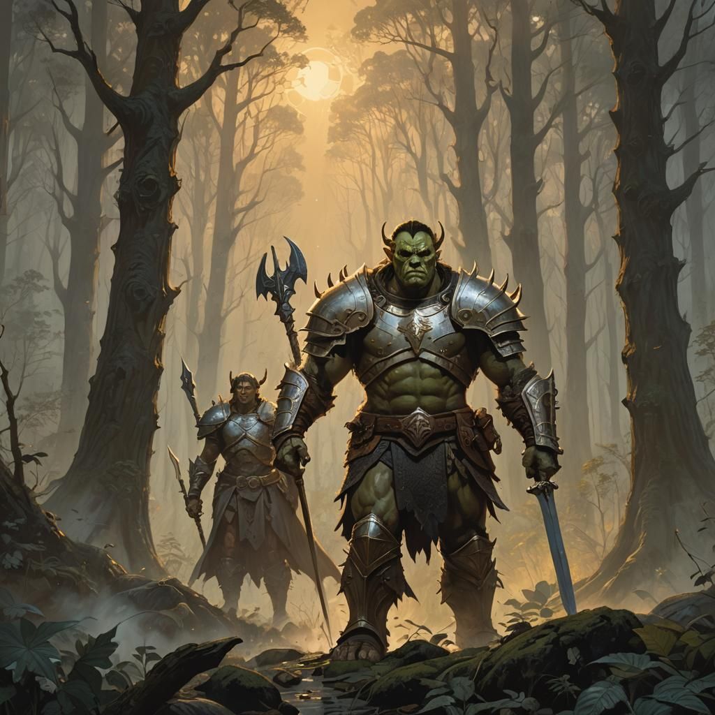 Half-Orc Paladin Tracking Giant in Moonlit Forest