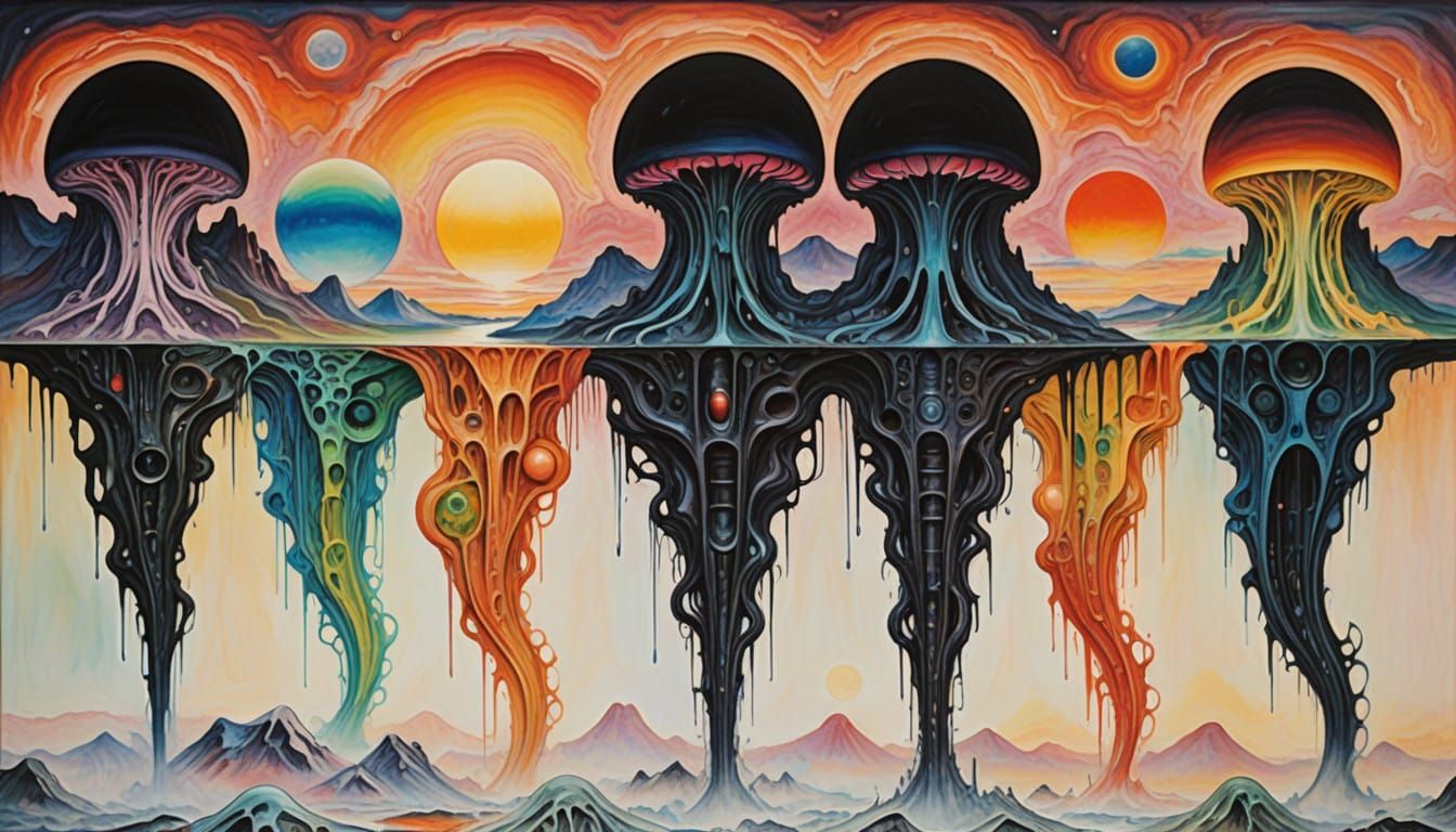 Surreal Alien Landscape with Melting Moon in Cyberpunk Style