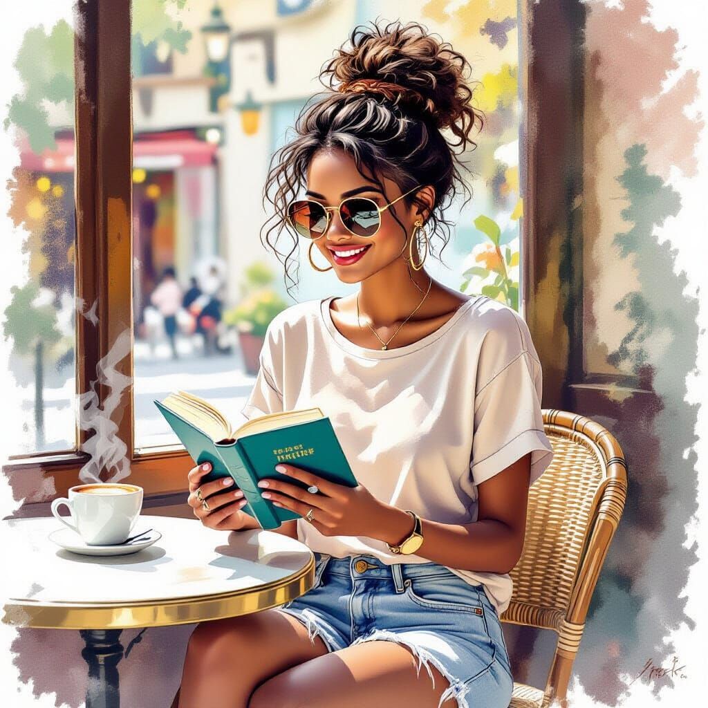 Girl in Coffee Shop, Watercolor Sketch Pastel Style